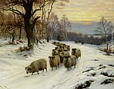 A Shepherd and his Flock on a Path in Winter by Wright Barker